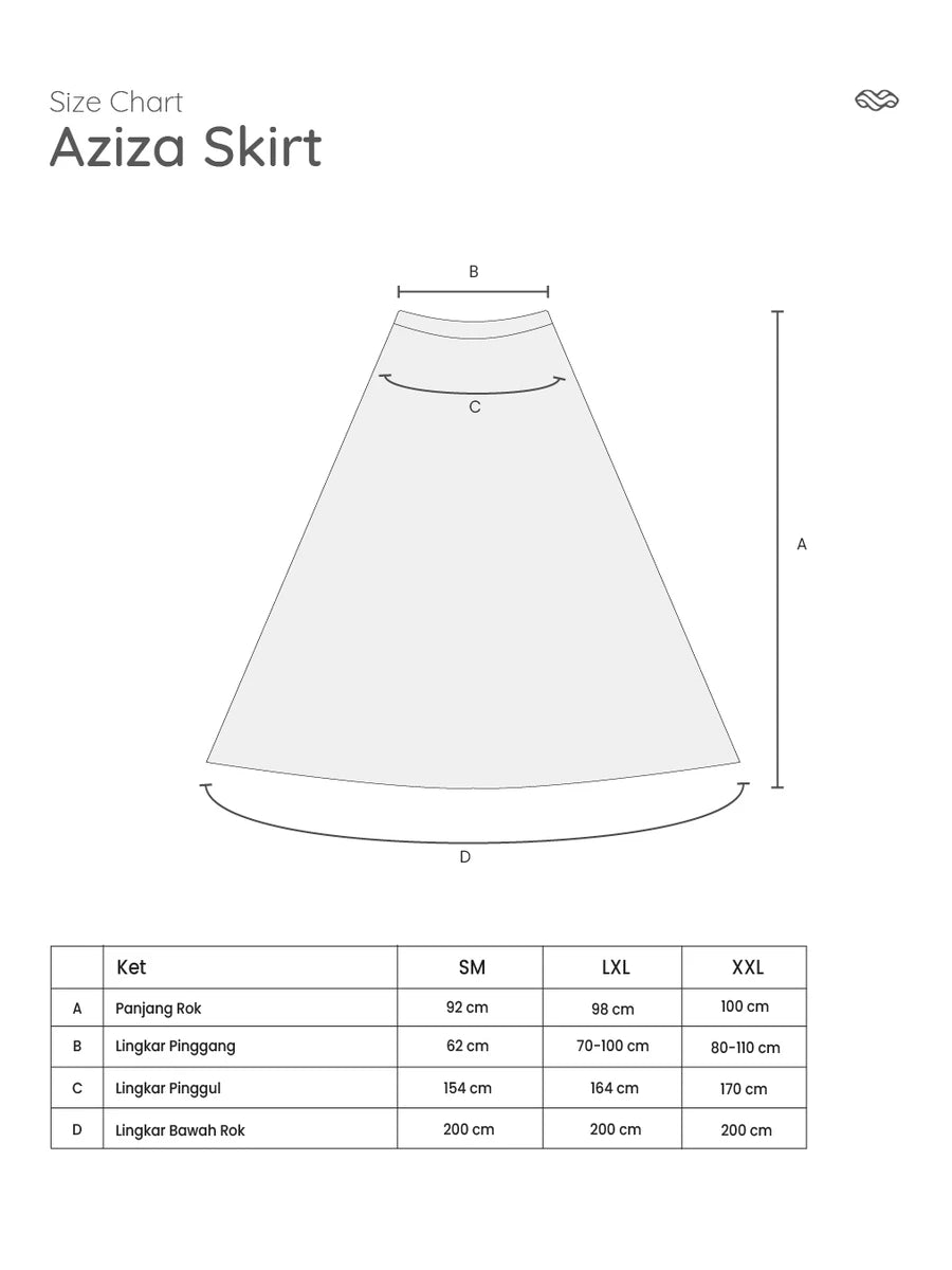 Size chart for Aziza Skirt by Mistyvori with measurements on a white background
