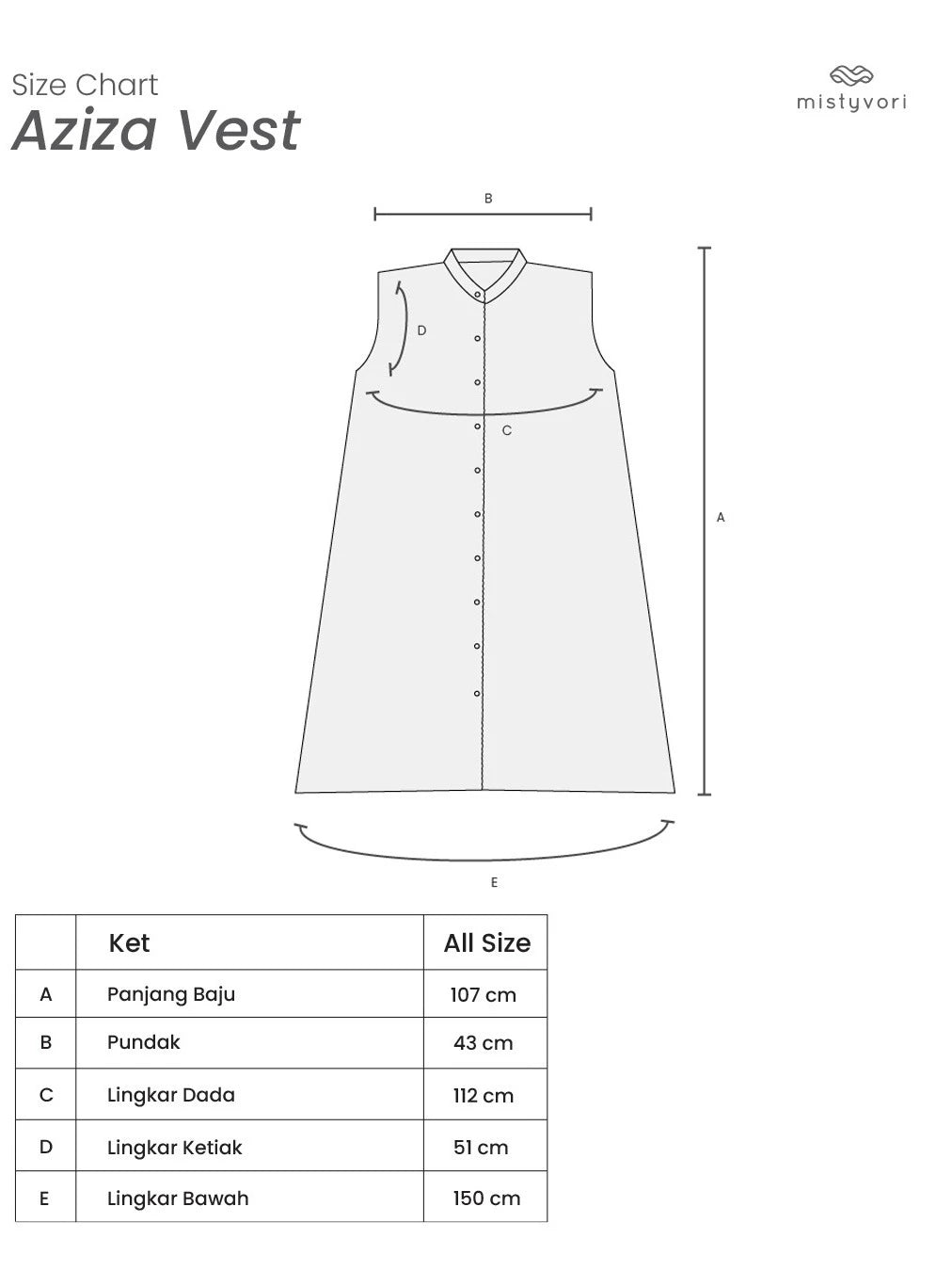 Size chart for Aziza Vest with measurements in centimeters