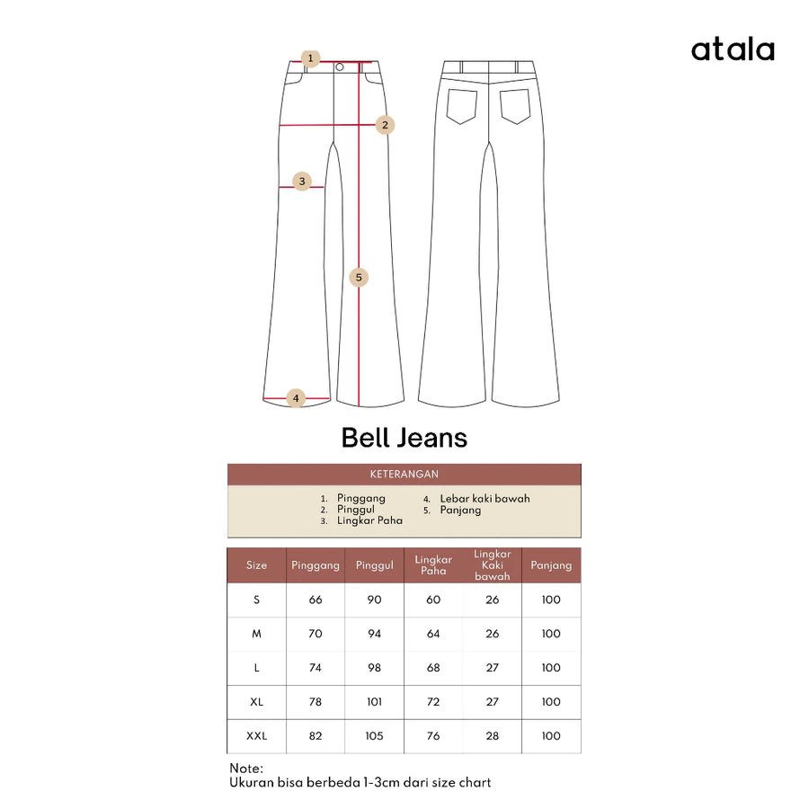 A size chart and measurement diagram for Atala Bell Jeans, showing front and back pant illustrations with numbered measurement points and a size table from S to XXL on a white background. The brand name atala appears in the top right.