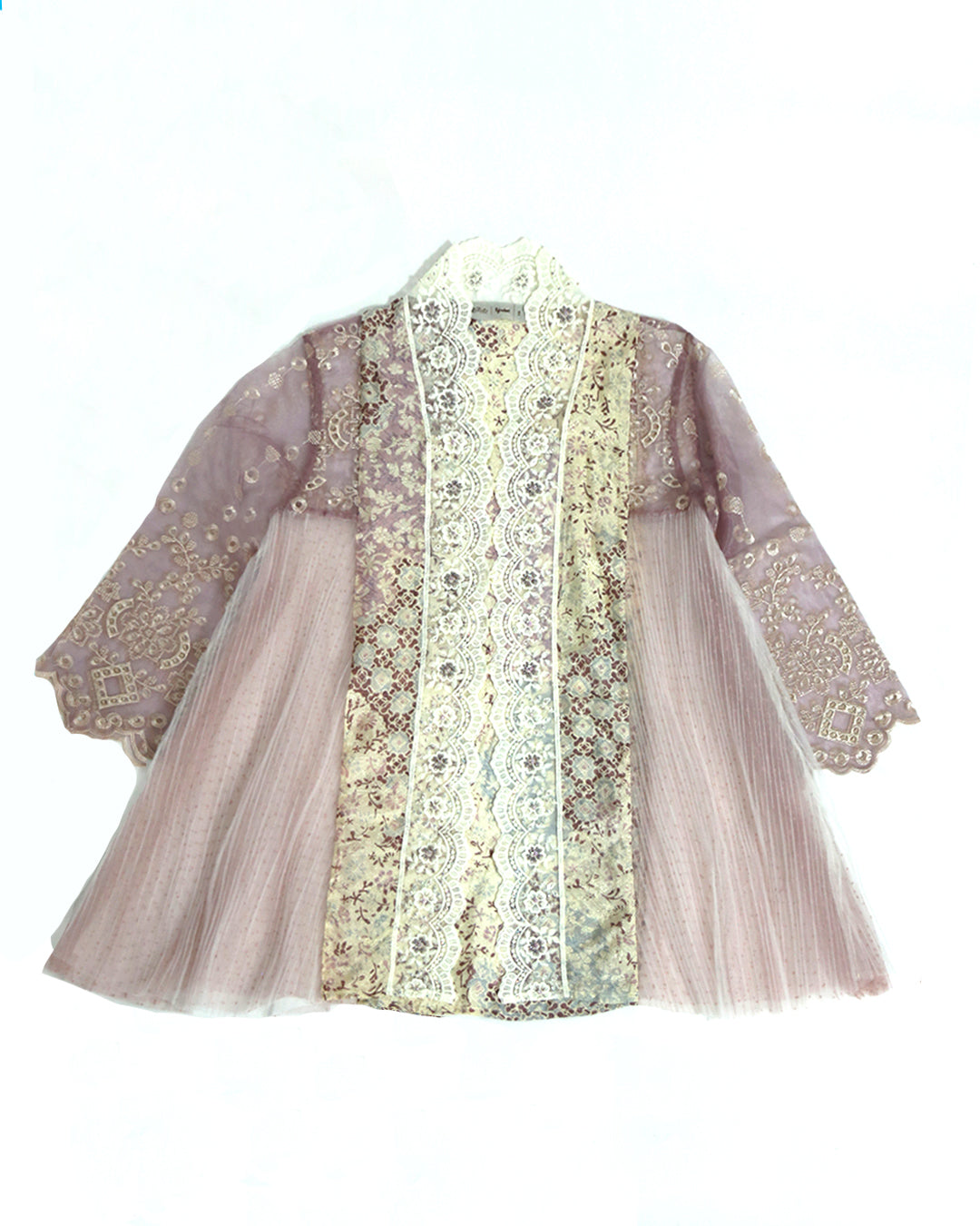 A traditional Indonesian kebaya dress by Kartinis Label featuring long sleeves, organza pleats, and lace details, primarily in a light color with decorative patterns.
