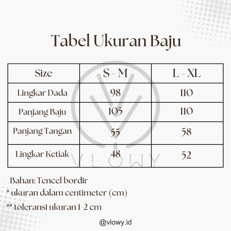Size chart for Camella Tunic with measurements in centimeters, brand 'vlowy' visible

Tabel ukuran untuk Camella Tunic dengan ukuran dalam sentimeter, merek ‘vlowy’ terlihat
