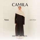 Woman wearing a dark brown maxi cotton dress by BWBYAZ with a beige hijab on a white background.