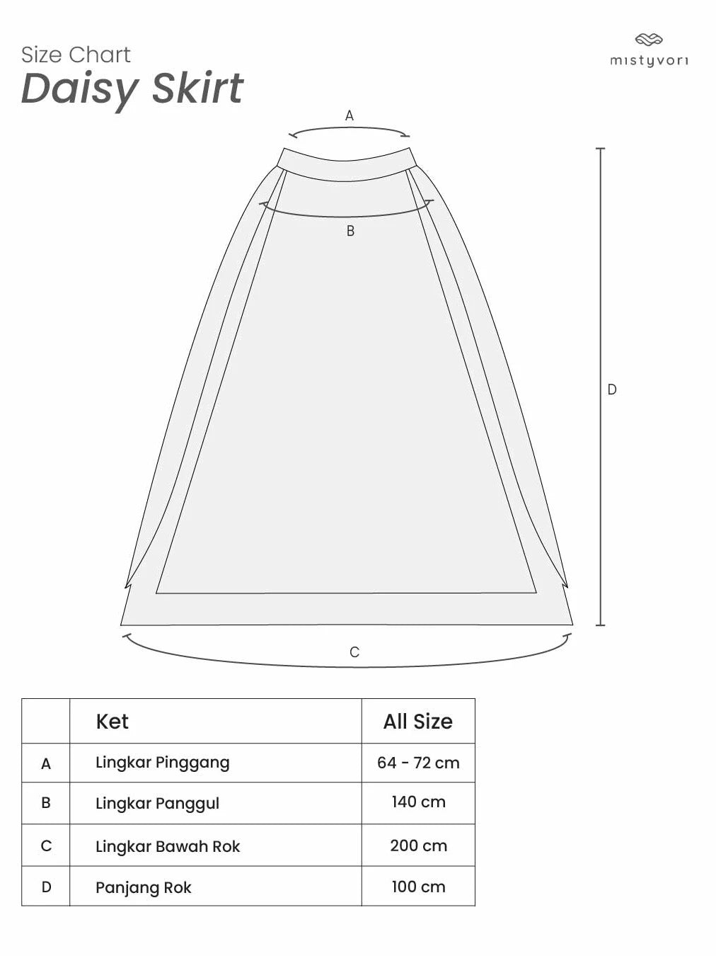 Size chart for Daisy Skirt by Mistyvori with dimensions labeled