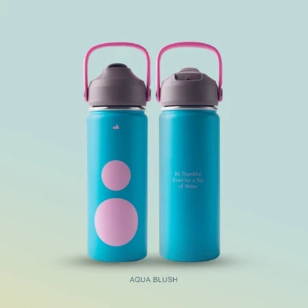 Two blue water bottles with pink accents from Muhajir Project on a gradient background