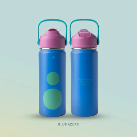 Two blue water bottles with pink lids from Muhajir Project on a gradient background