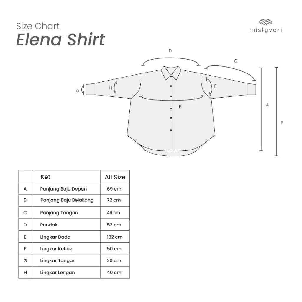 Size chart for Elena Shirt by Mistyvori with measurements in centimeters.