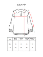 Measurement diagram for an Evelyn Knit Top by Hijabchic, showing a line drawing of the garment with red measurement guides and a size chart table below with bust, length, sleeve, and armhole measurements for S/M and L/XL.
