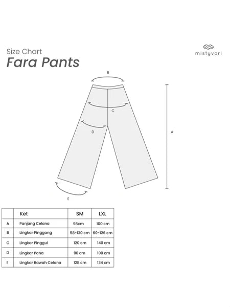 Size chart for Fara Pants by Mistyvori with measurements on a white background