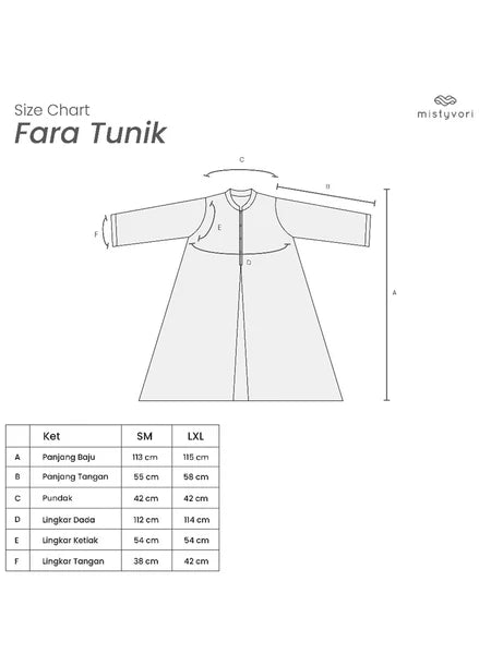 Size chart for Fara Tunik with measurements on a white background