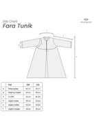 Size chart for Fara Tunik with measurements on a white background