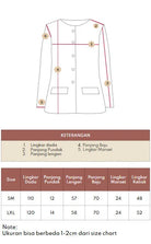 Measurement chart for a blazer from Atala Scarves with labeled parts and size chart below.