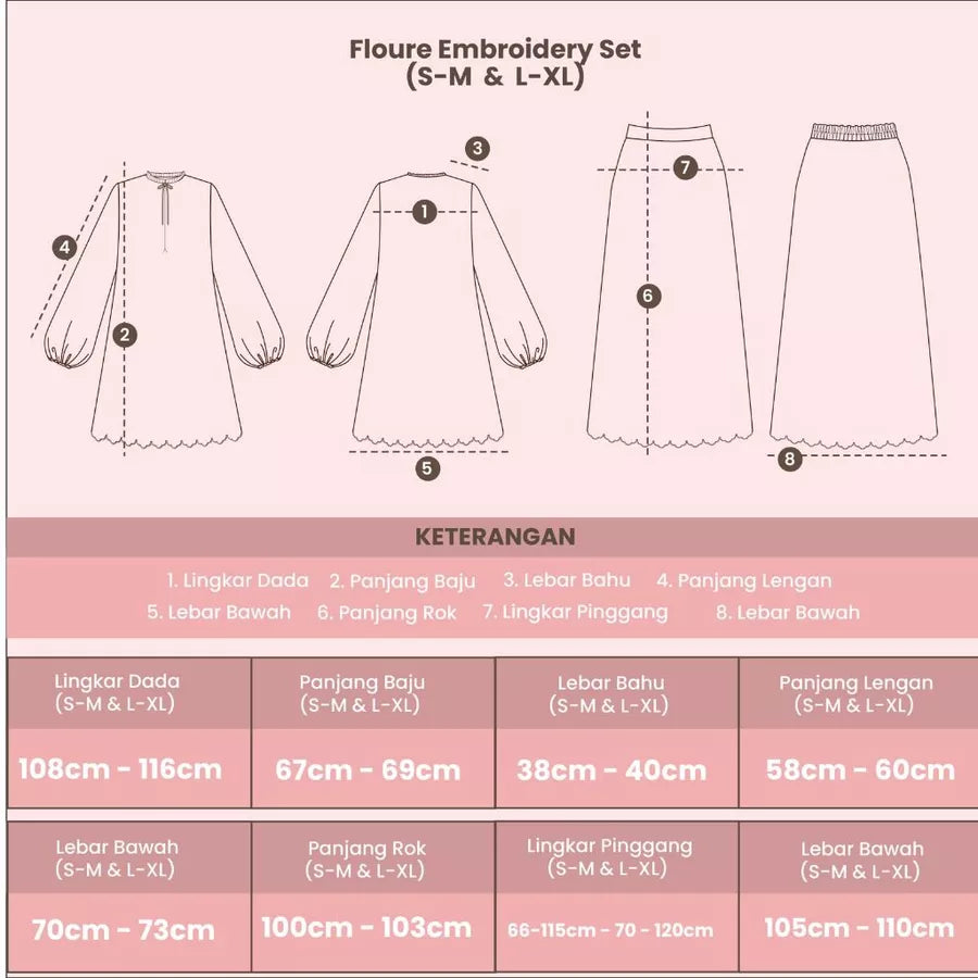 Measurement chart for a Floure Embroidery Set with garment illustrations and dimensions on a pink background.