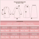 Measurement chart for a Floure Embroidery Set with garment illustrations and dimensions on a pink background.
