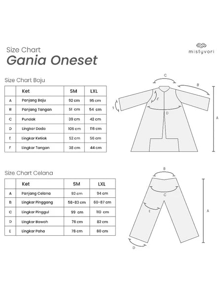 Size chart for Gania Oneset by Mistyvori with illustrations of outfit and measurements.