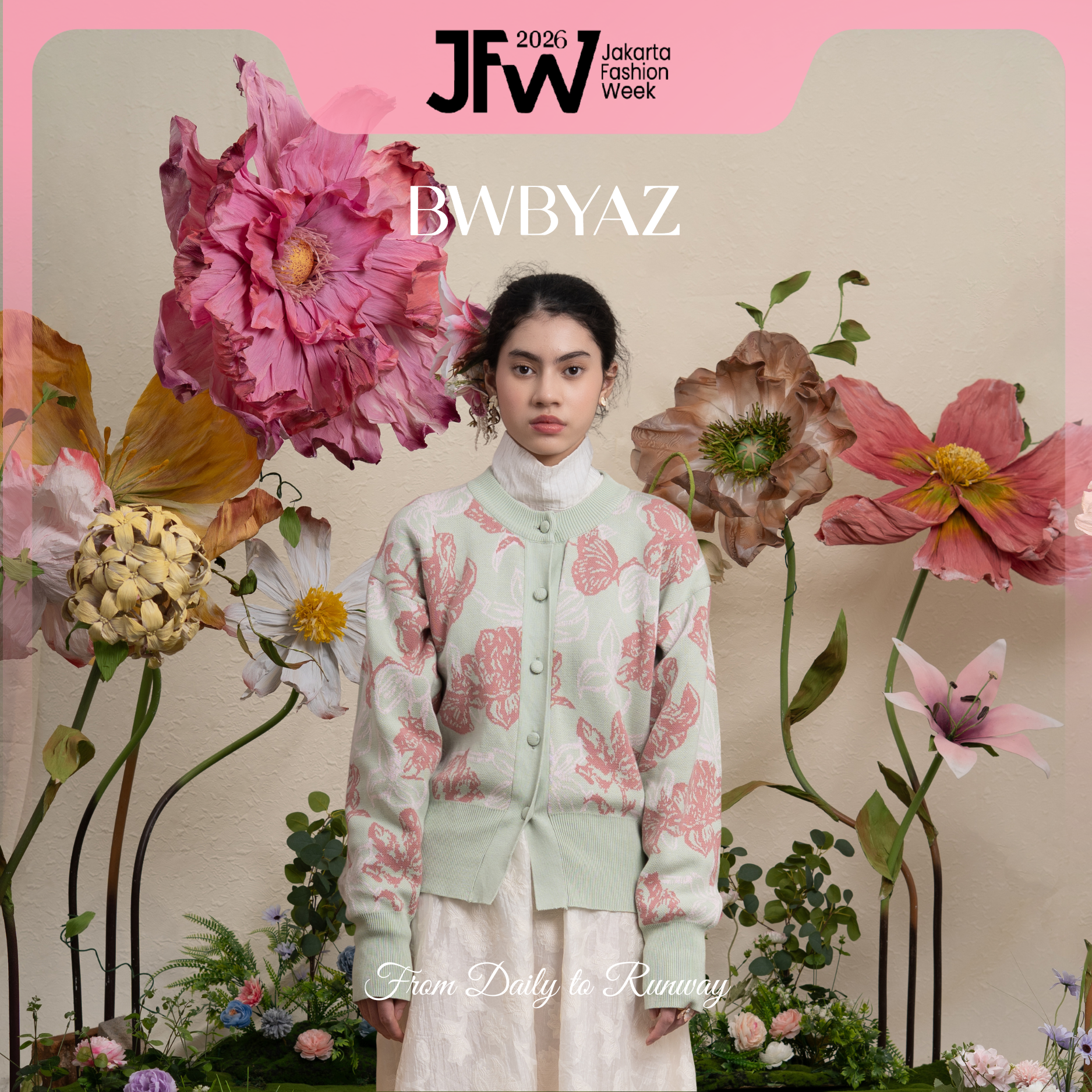 Model wearing a mint floral cardigans with large flowers and 'BWBYAZ' branding in the background.