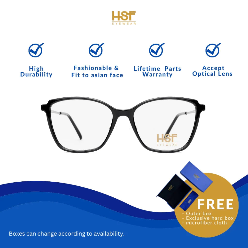 HSF Eyewear Elora – black optical eyeglasses designed for Asian face shape. Features high durability, lifetime parts warranty, and supports prescription lenses. Includes free outer box, exclusive hard box, and microfiber cloth.