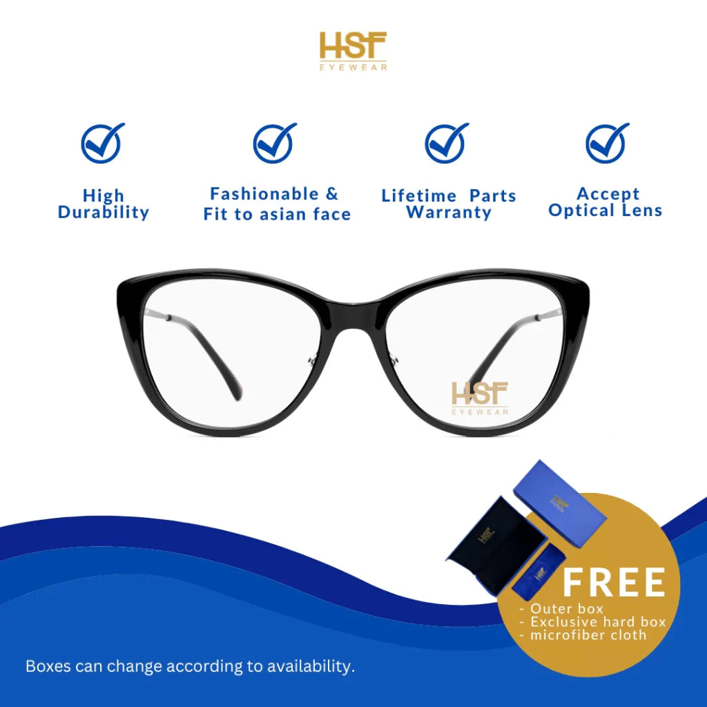 HSF Eyewear Nyra – round-frame eyeglasses made from a premium mix of titanium and acetate for high durability. Designed to fit Asian face shapes with stylish comfort. Compatible with optical lenses and comes with a lifetime parts warranty. Includes a free outer box, exclusive hard case, and microfiber cloth.