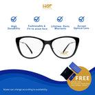 HSF Eyewear Nyra – round-frame eyeglasses made from a premium mix of titanium and acetate for high durability. Designed to fit Asian face shapes with stylish comfort. Compatible with optical lenses and comes with a lifetime parts warranty. Includes a free outer box, exclusive hard case, and microfiber cloth.