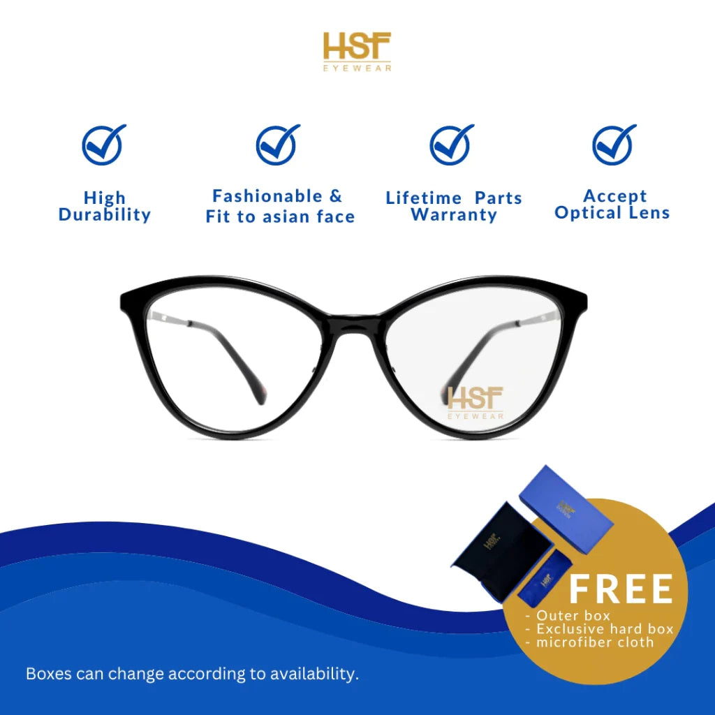 HSF Eyewear Tyla – round-frame glasses crafted from durable titanium and acetate blend. Features a stylish design tailored for Asian face shapes, supports optical lenses, and includes a lifetime parts warranty. Comes with a free outer box, hard case, and microfiber cloth.