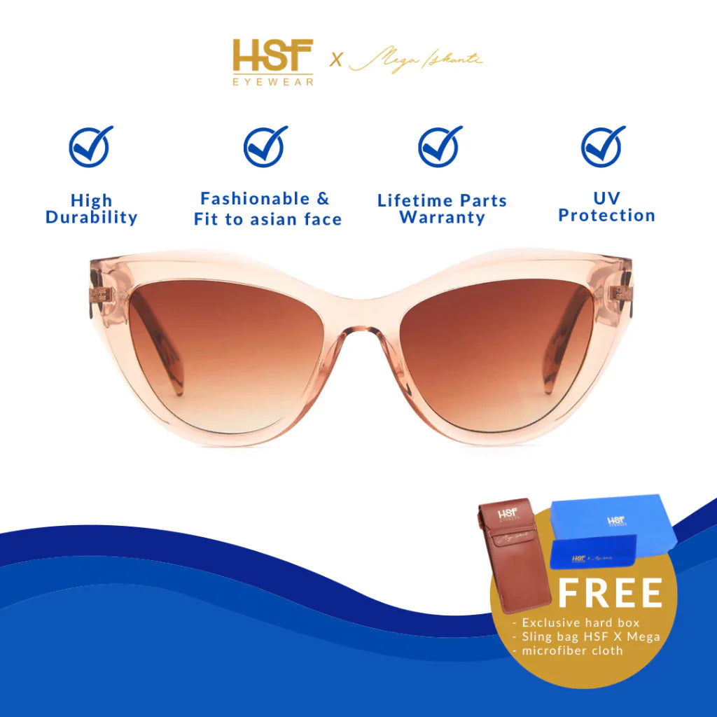 HSF x Mega Iskanti Joy Sunglasses in Champagne – stylish cat-eye sunglasses designed for Asian face shape. Offers high durability, UV protection, and lifetime parts warranty. Comes with a free exclusive hard box, sling bag, and microfiber cloth.