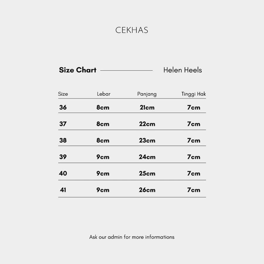 Size chart for Helen Heels by Cekhas on a white background