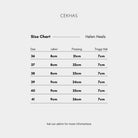 Size chart for Helen Heels by Cekhas on a white background