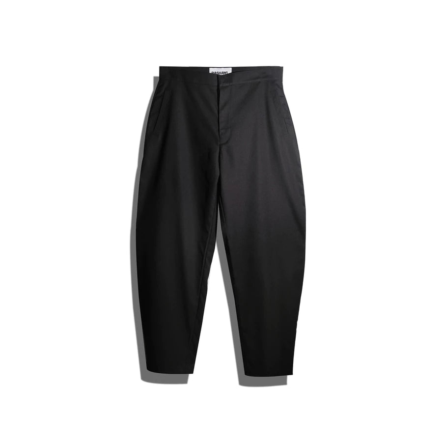 Black barrel pants by Rashawl on a white background
