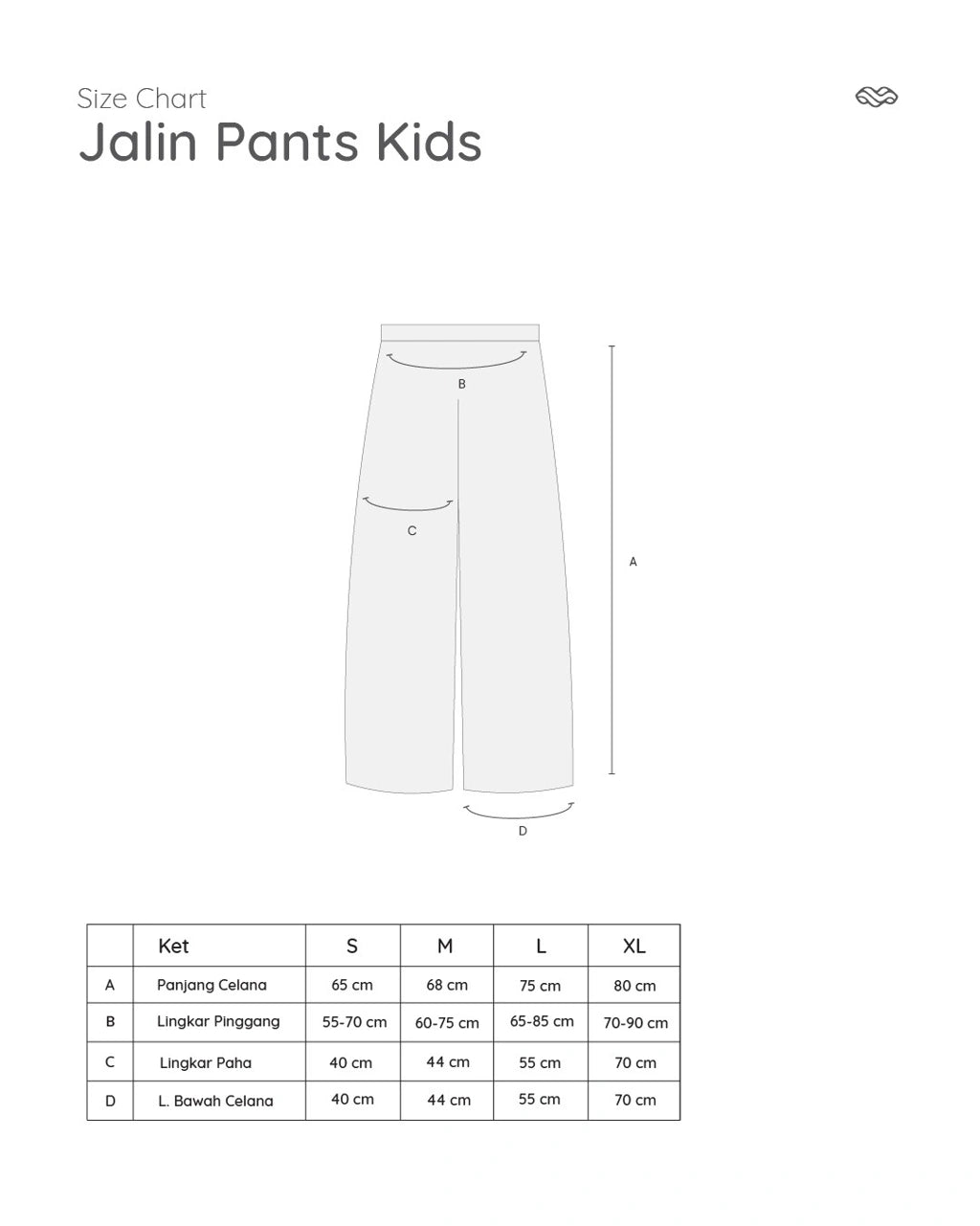 Size chart for Jalin Pants Kids by Mistyvori with a white pants illustration and measurement details.