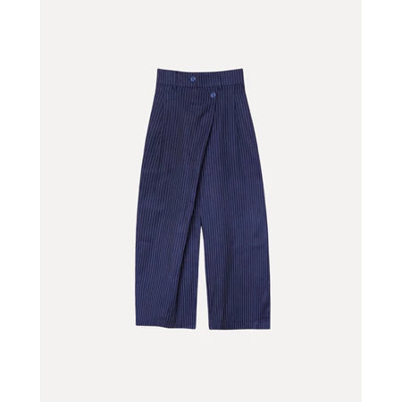 Navy blue striped Maima pants on a light gray background