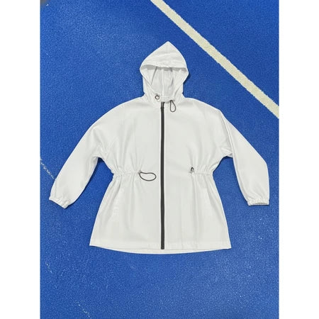 White track jacket by Abame with a black zipper on a blue background