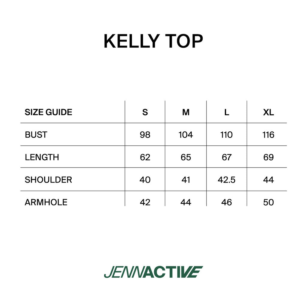 A size chart for the Kelly Top by Jennactive from Jenna & Kaia, showing measurements in centimeters for sizes S, M, L, and XL, including bust, length, shoulder, and armhole. The chart is presented on a clean white background with black text and the green Jennactive logo at the bottom.