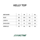 A size chart for the Kelly Top by Jennactive from Jenna & Kaia, showing measurements in centimeters for sizes S, M, L, and XL, including bust, length, shoulder, and armhole. The chart is presented on a clean white background with black text and the green Jennactive logo at the bottom.
