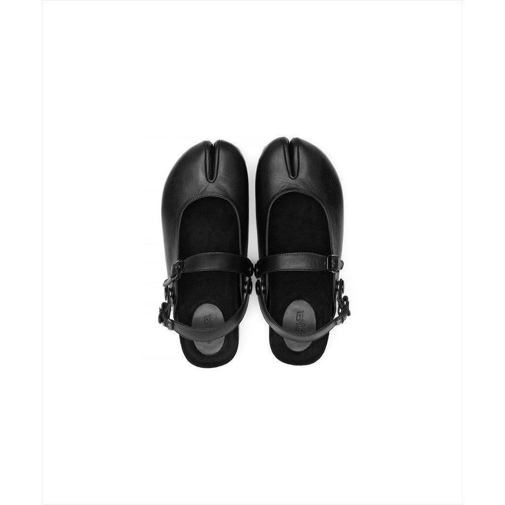 A pair of black cow leather slingback sandals by Cajsa with a split toe design and adjustable straps.
