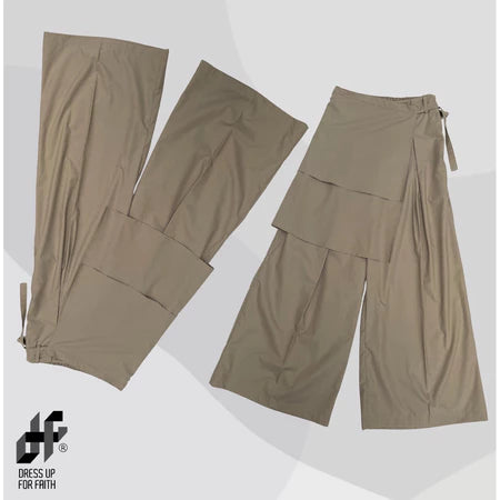 Khaki cullotes pants with a brand logo 'Dress Up For Faith' on a white background.

Celana kulot berwarna khaki dengan logo merek ‘Dress Up For Faith’ pada latar belakang putih.