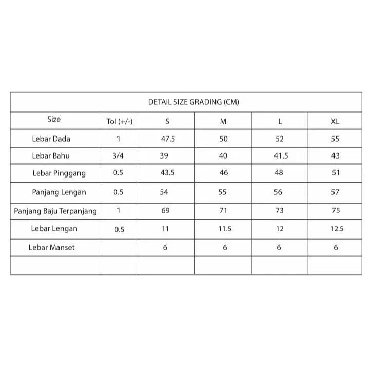 Table detailing size grading in centimeters for Lave Blouse by Tunique garment measurements.