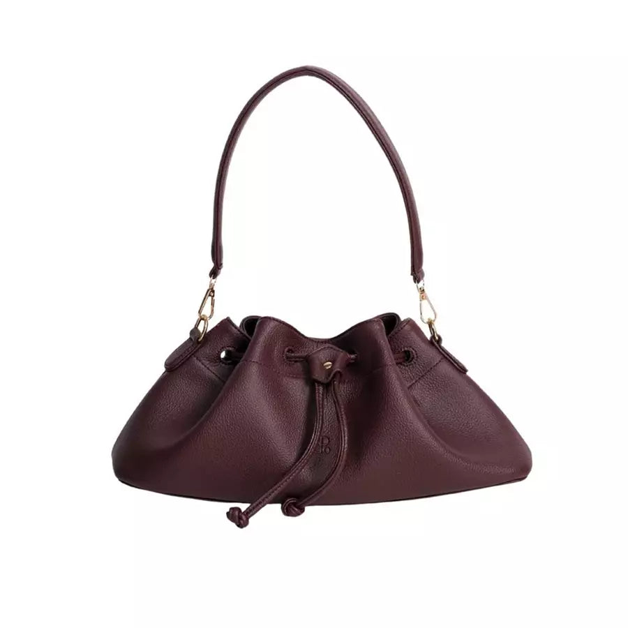 Burgundy shoulder bag with drawstring by Prior on a white background