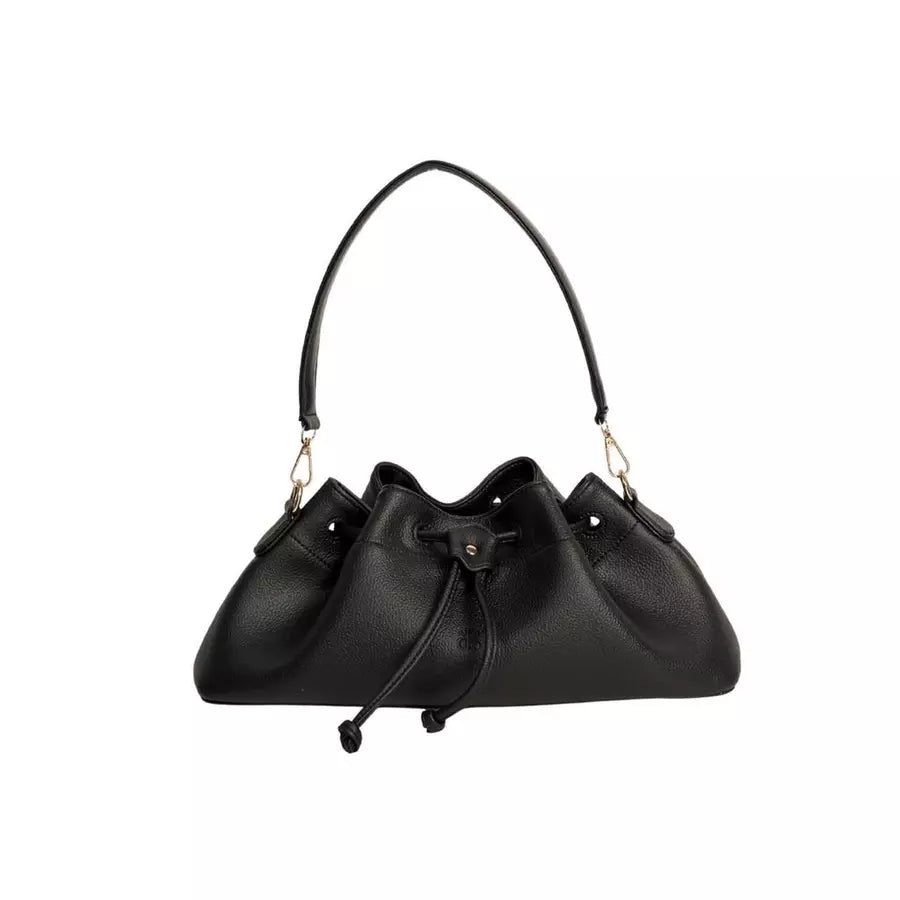 Black shoulder bag with gold studs and drawstring by Prior on a white background