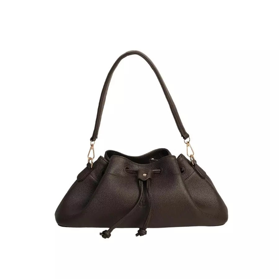 Dark brown shoulder bag with a drawstring by Prior on a white background