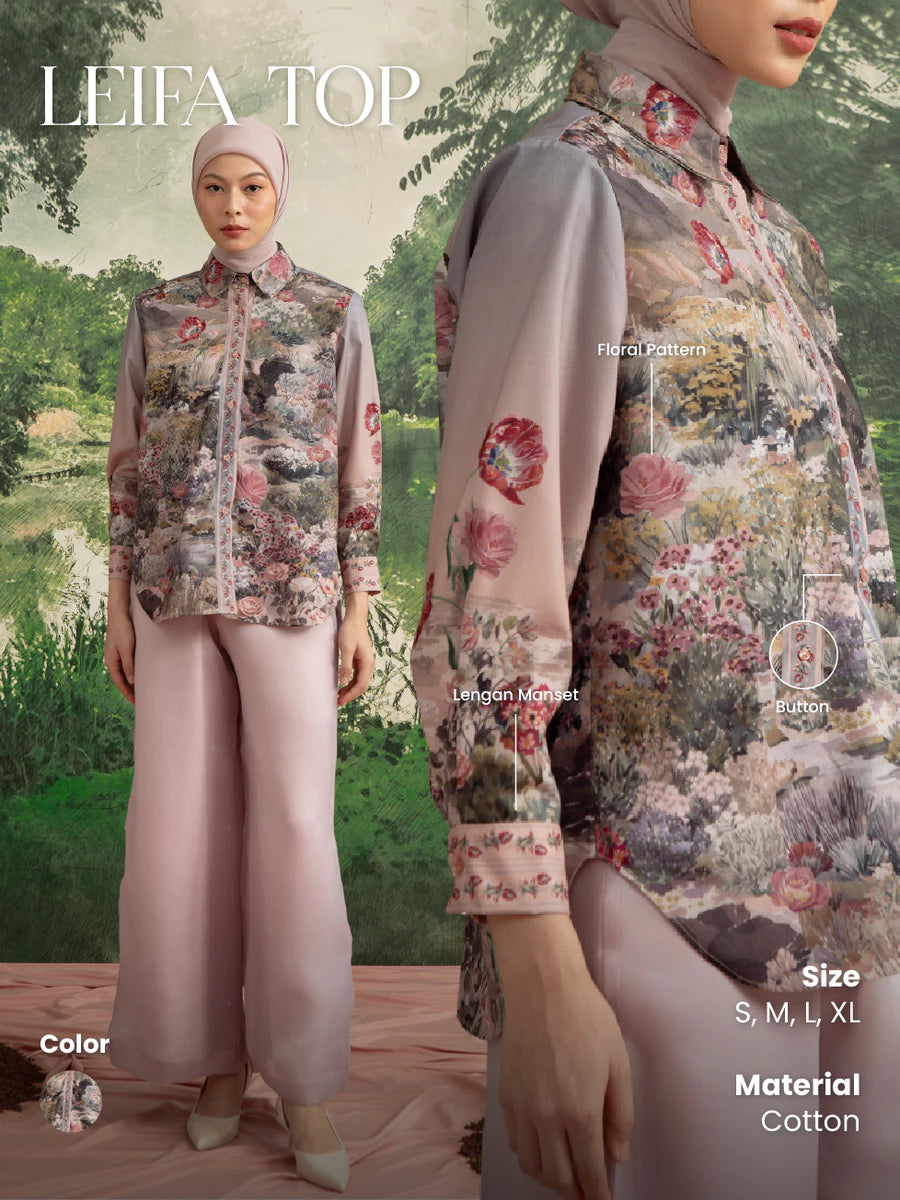 A promotional composite for a LEIFA TOP floral print shirt by Hijabchic and matching wide-leg pants. The left side shows a full-body view of a woman wearing the outfit, while the right side shows a close-up of the blouse fabric and print.