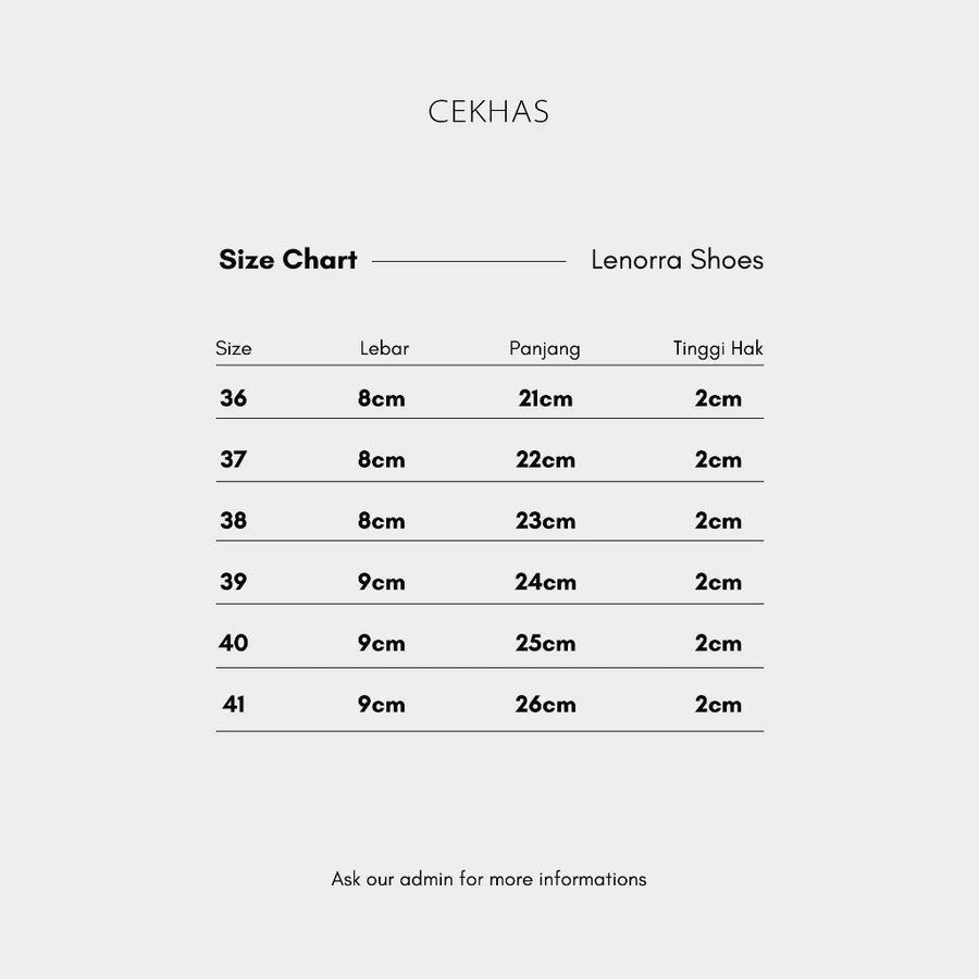 Size chart for Lenorra Shoes by Cekhas on a white background