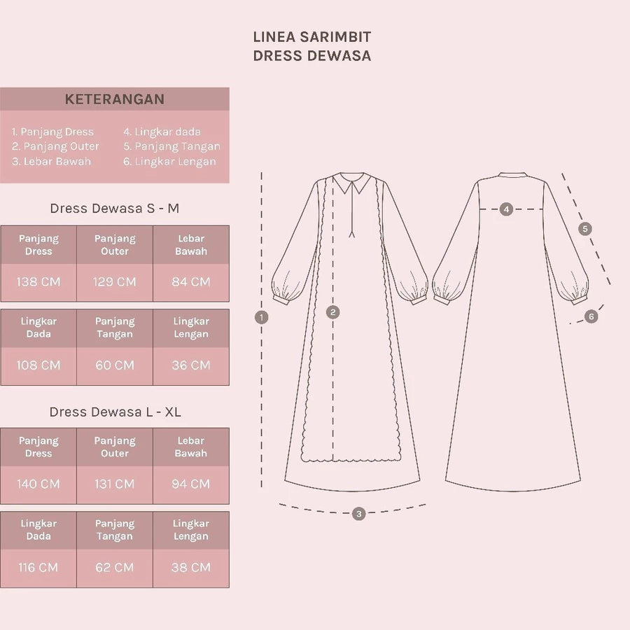 Measurement chart for Linea Dress by Lozy Hijab with dimensions on a pink background