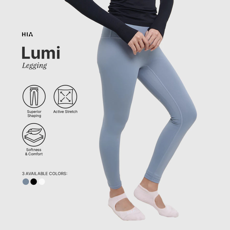 Light blue leggings by HIA worn by a person on a white background with product features listed.