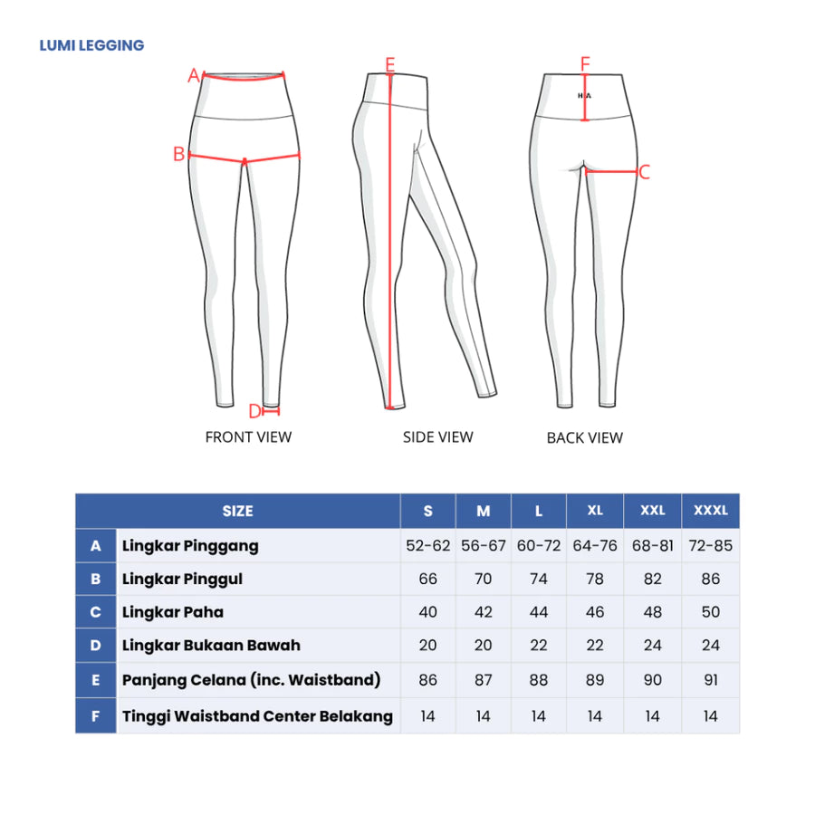 Measurement chart for Lumi Legging by HIA with front, side, and back views and size chart.
