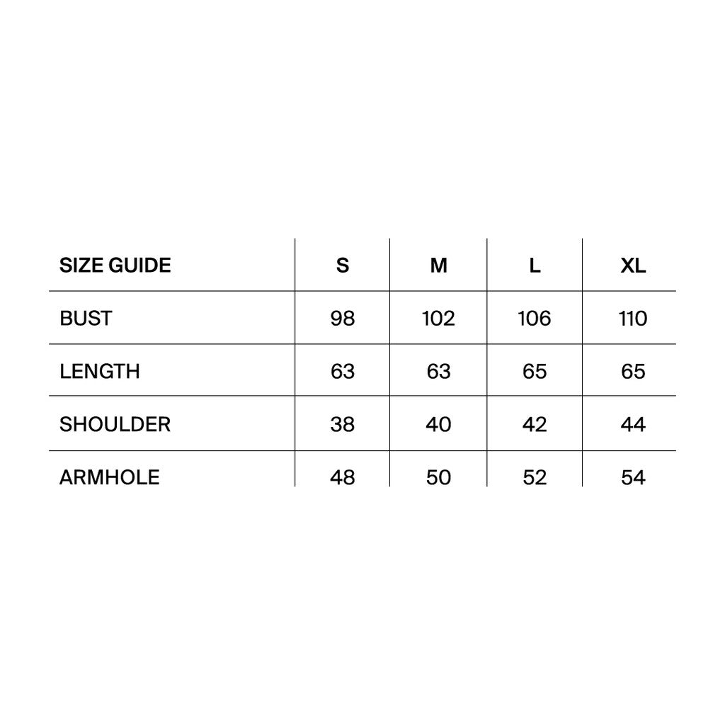 A size guide table for Lybe Top by Jenna & Kaia showing measurements for S, M, L, and XL sizes, including bust, length, shoulder, and armhole, on a plain white background.