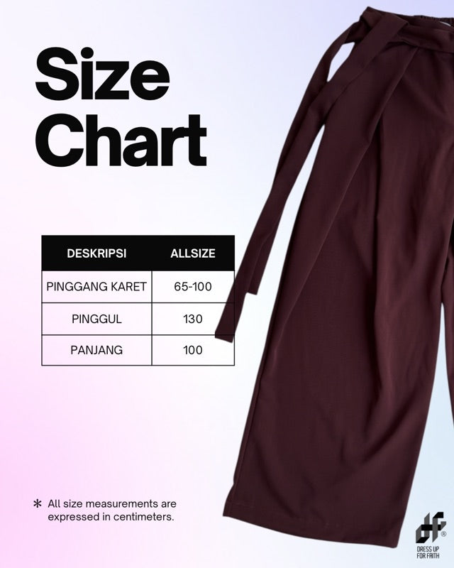 Brown culotte pants with size chart on a light purple background

Celana kulot berwarna cokelat dengan tabel ukuran pada latar belakang ungu muda.