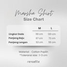 Size chart for a 'Marsha Shirt' by Renaette with measurements in centimeters on a light gray background.