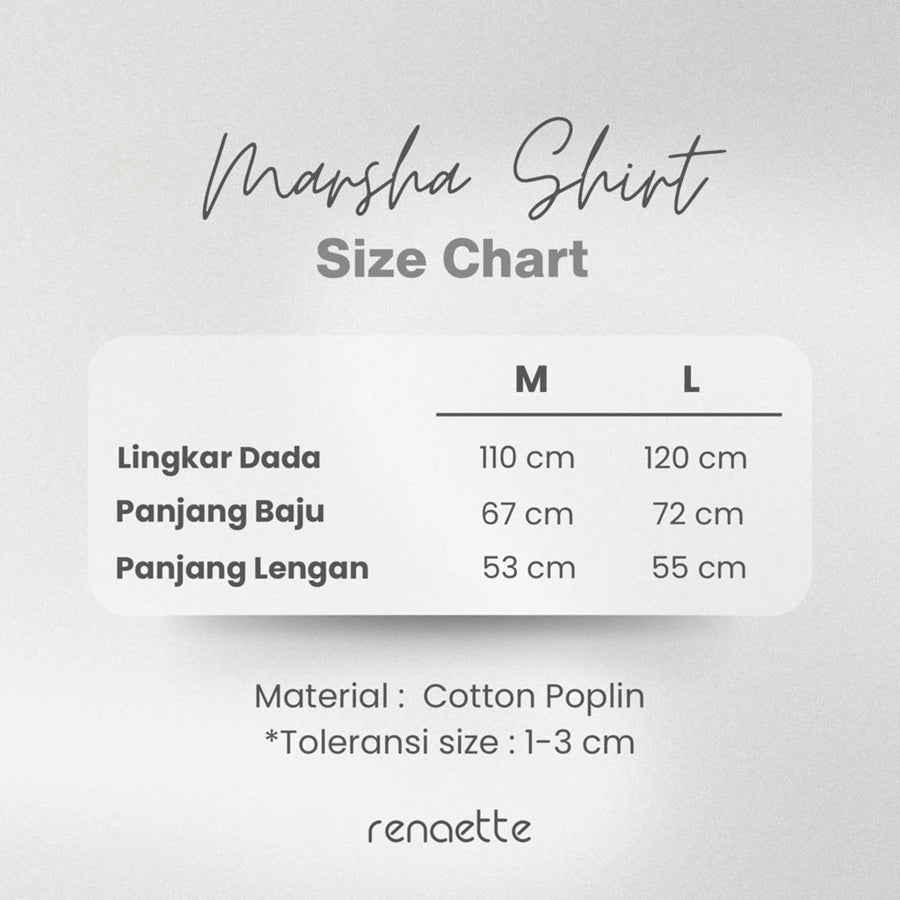 Size chart for a 'Marsha Shirt' by Renaette with measurements in centimeters on a light gray background.
