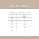 Size guide chart for shoes with foot length measurements in centimeters on a beige background