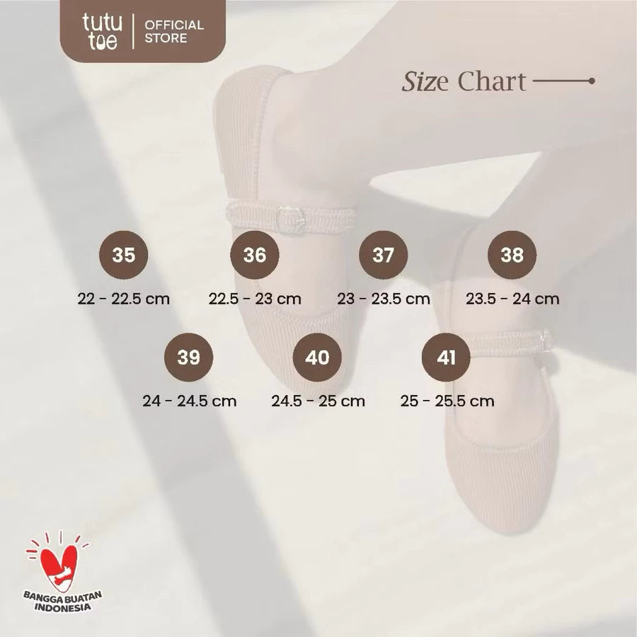 Size chart for ballet flatshoes with measurements in centimeters, featuring tutu toe brand.