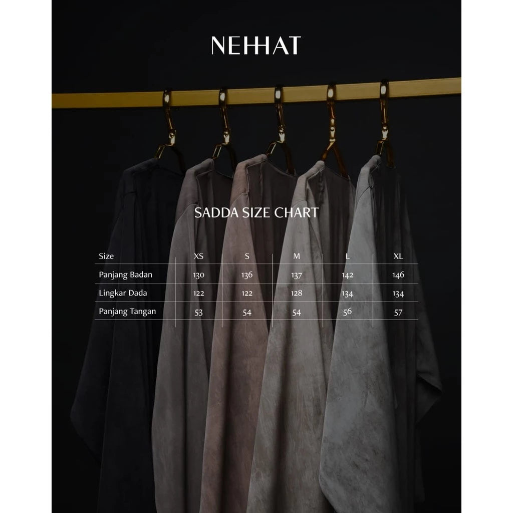 Nehhat Abaya on hangers with a size chart below against a black background